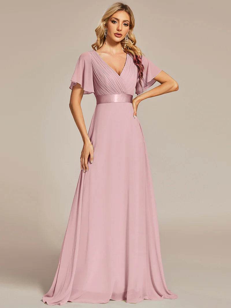 Double V-Neck Chiffon Evening Dress – Ruffled & Padded Glam Look - Biamonde